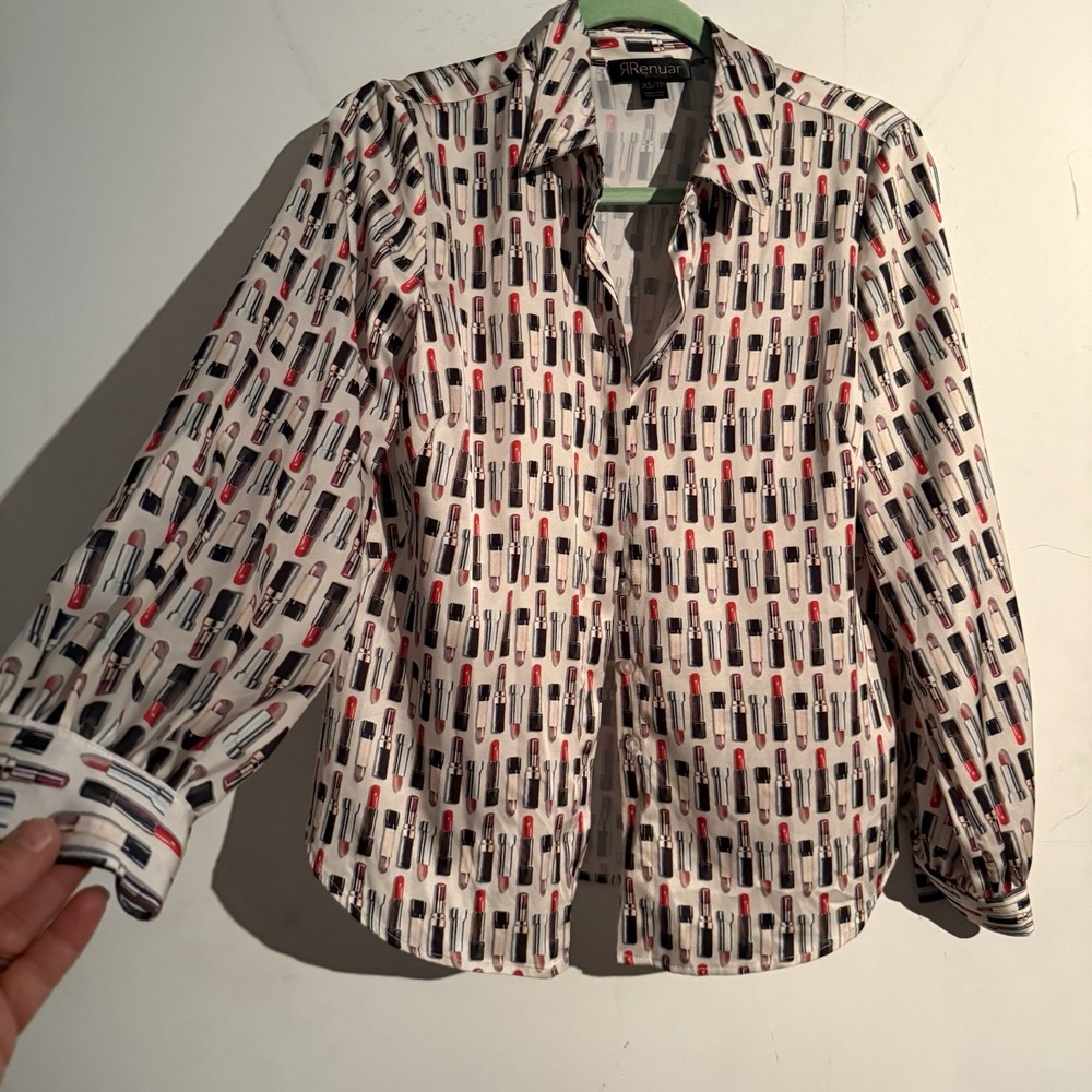Renuar XS Lipstick Print Shirt Button Down Retro Maximalist Smart Casual‎